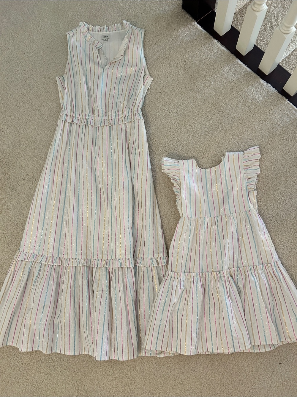 Mom and daughter J Crew Matching Dresses with Pastel Rainbow Stripes